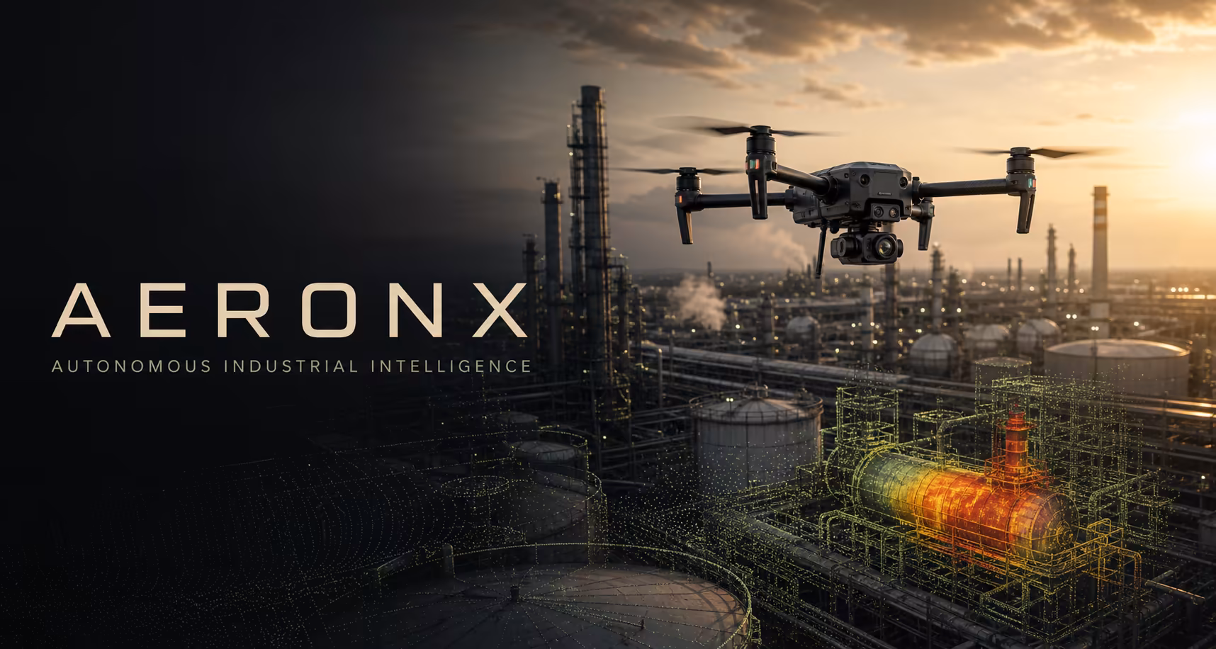 AeronX industrial inspection drone scanning a refinery with thermal and LiDAR evidence layers